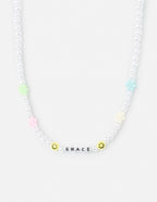 Elevated Faith Christian Jewelry Necklace with colorful flowers and letter beads spelling 'GRACE'