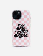 Elevated Faith Christian iPhone Case with pink checkered design and 'He Able' text