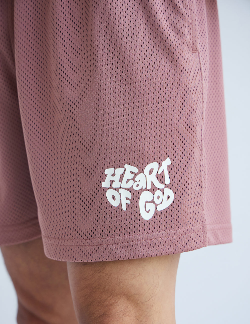 Elevated Faith Christian Shorts in Pink Mesh with 'Heart of God' Print on the Side