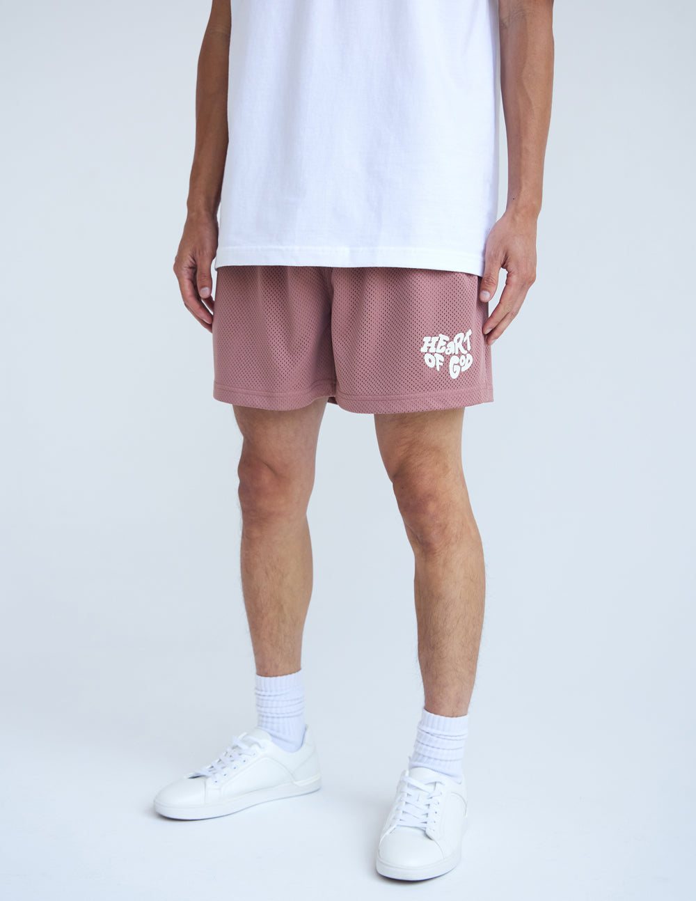 Elevated Faith Heart of God Mesh Christian Shorts in Pink with a Comfortable Fit for Everyday Wear