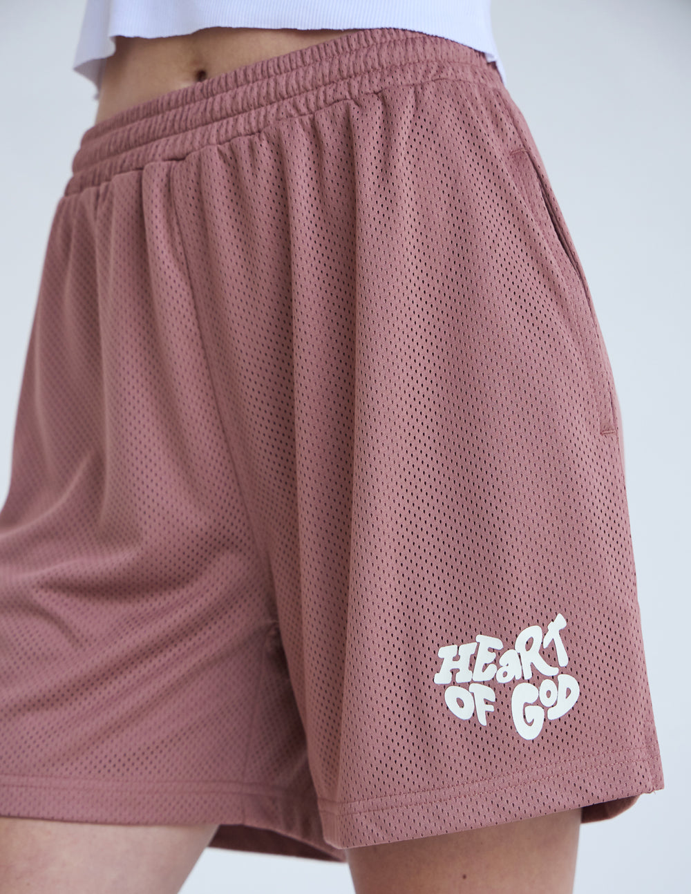 Elevated Faith Christian Shorts in light brown with Heart of God graphic and comfortable design