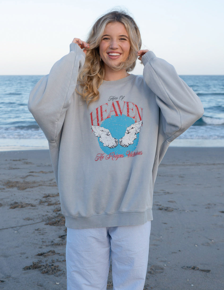Elevated Faith Christian Crewneck Sweatshirt in gray with 'Heaven' graphic design for casual wear