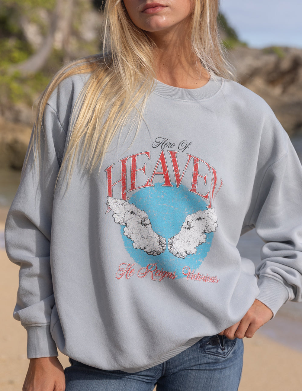 Light Gray Christian Crewneck Sweatshirt with Clouds and Heaven Graphic for Casual Wear