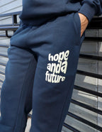 Elevated Faith Navy Sweatpants with 'hope and a future' print, perfect for Christian Apparel enthusiasts