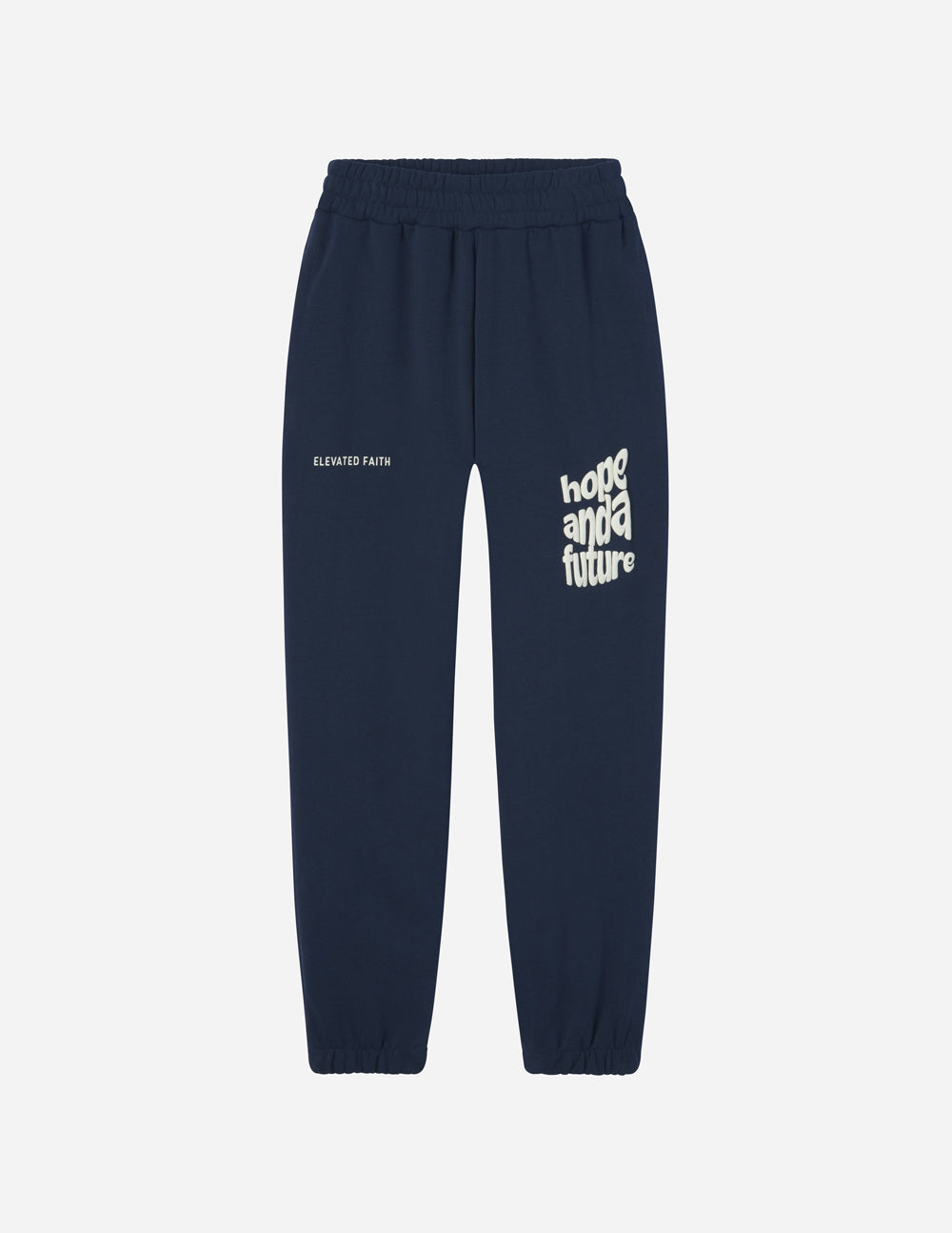 Elevated Faith navy sweatpants featuring 'hope and a future' text, perfect for Christian Apparel.