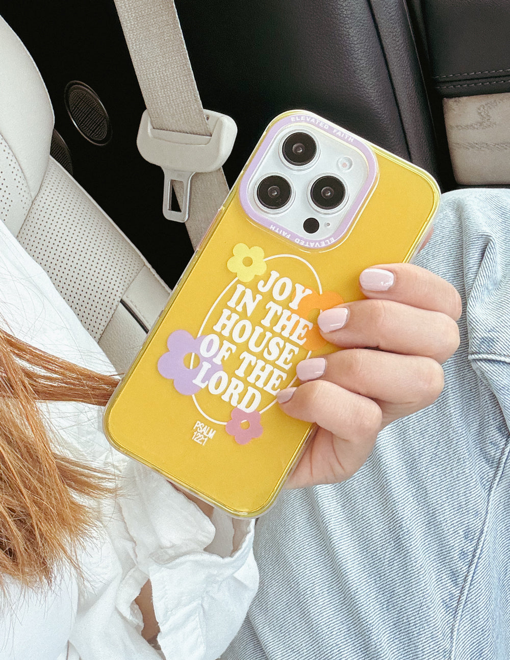Christian iPhone Case with vibrant yellow design and floral accents featuring joyful text