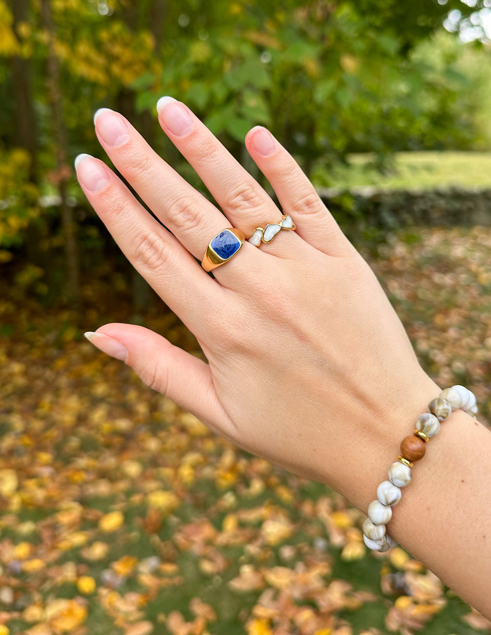 Elevated Faith Christian Jewelry Ring on hand with a blue stone surrounded by autumn leaves
