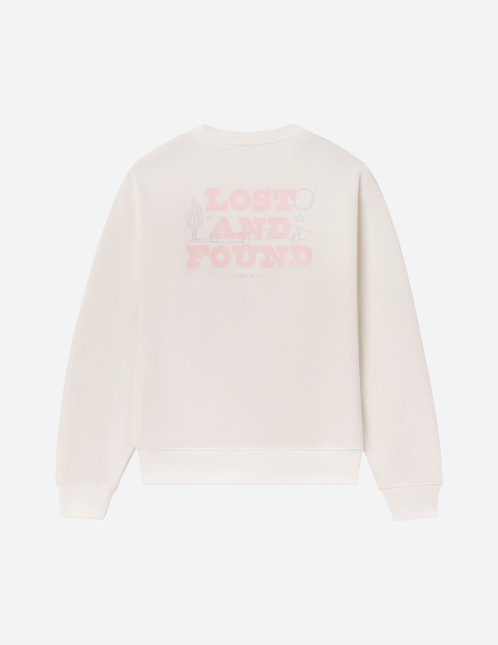 Elevated Faith Christian Crewneck Sweatshirt in white featuring a 'Lost and Found' graphic design on the back