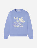 Elevated Faith Christian Crewneck Sweatshirt in light blue with 'Your Love Never Fails' design
