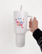Elevated Faith Made New Tumbler with Handle in White, perfect for Christian Gifts