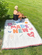Colorful Elevated Faith Blanket with 'Made New' Design for Christian Gifts and Outdoor Relaxation