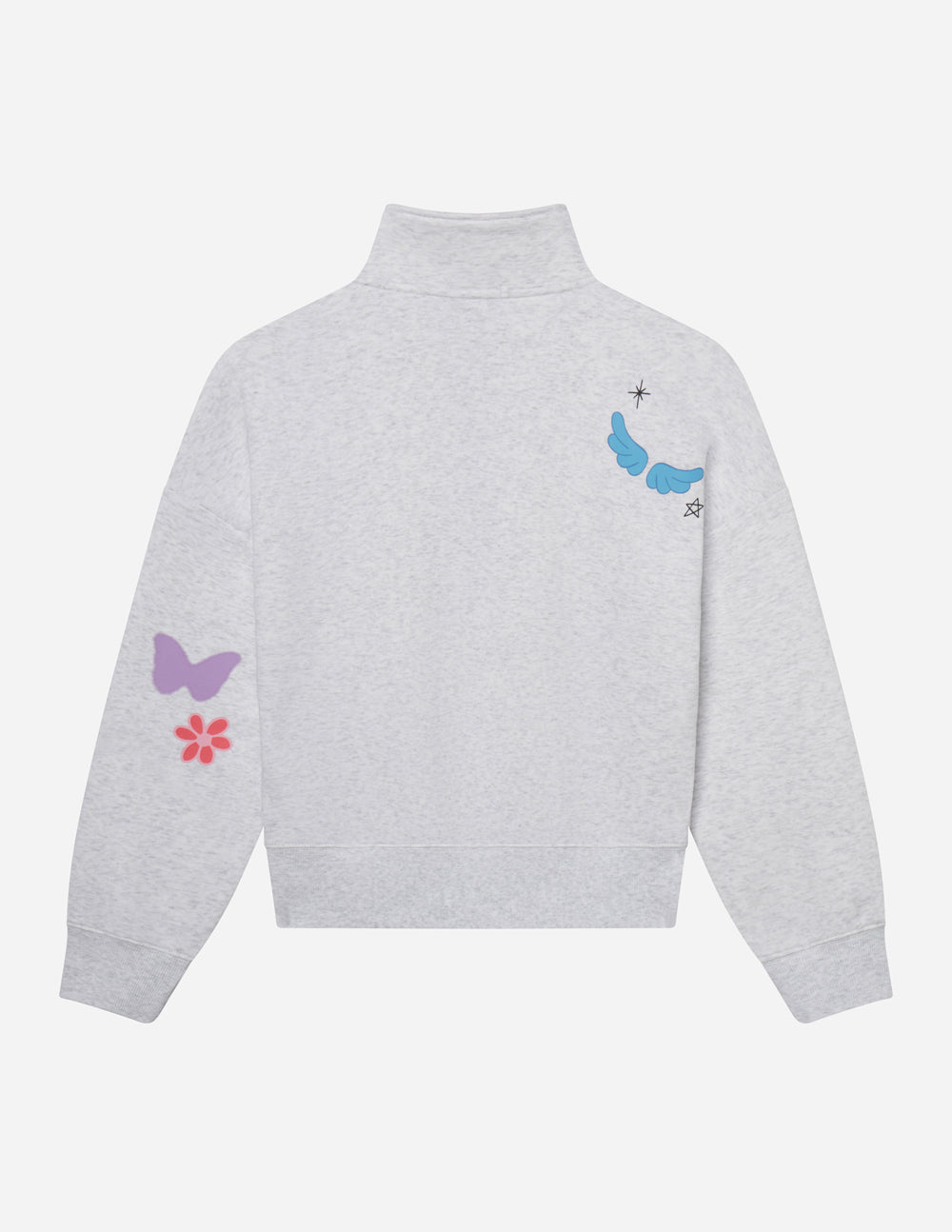 Elevated Faith Christian Jacket in gray featuring colorful butterfly and flower designs