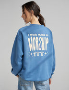 Elevated Faith Christian Crewneck Sweatshirt in Blue with 'I Was Made to Worship' Text Design