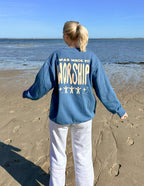 Blue Elevated Faith Christian Crewneck Sweatshirt with 'Was Made to Worship' Graphic on Back