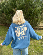 Elevated Faith Christian Crewneck Sweatshirt in blue with 'I Was Made to Worship' design on the back