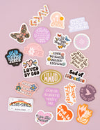 Variety of Elevated Faith Christian Stickers featuring inspirational quotes and colorful designs