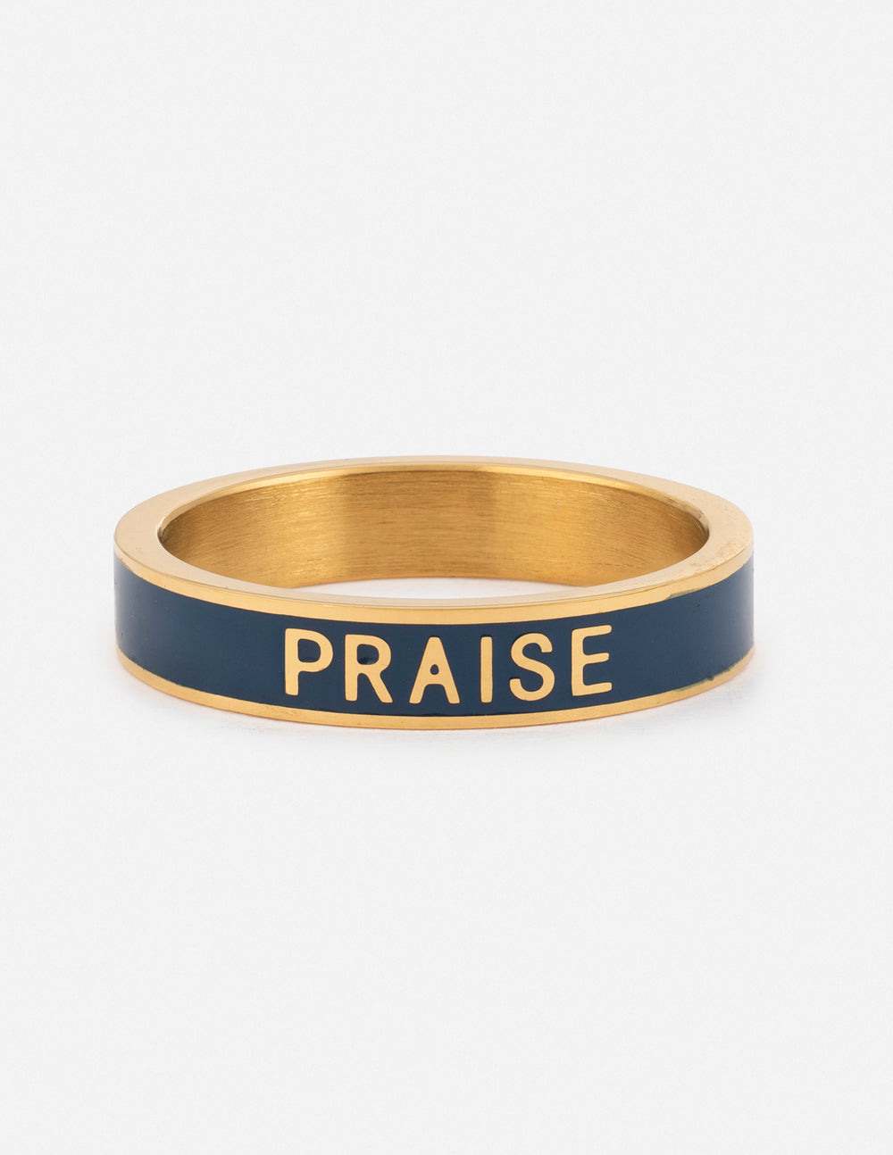 Gold Ring with Navy Enamel and the word PRAISE, perfect for Christian Jewelry enthusiasts