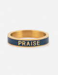 Gold Ring with Navy Enamel and the word PRAISE, perfect for Christian Jewelry enthusiasts
