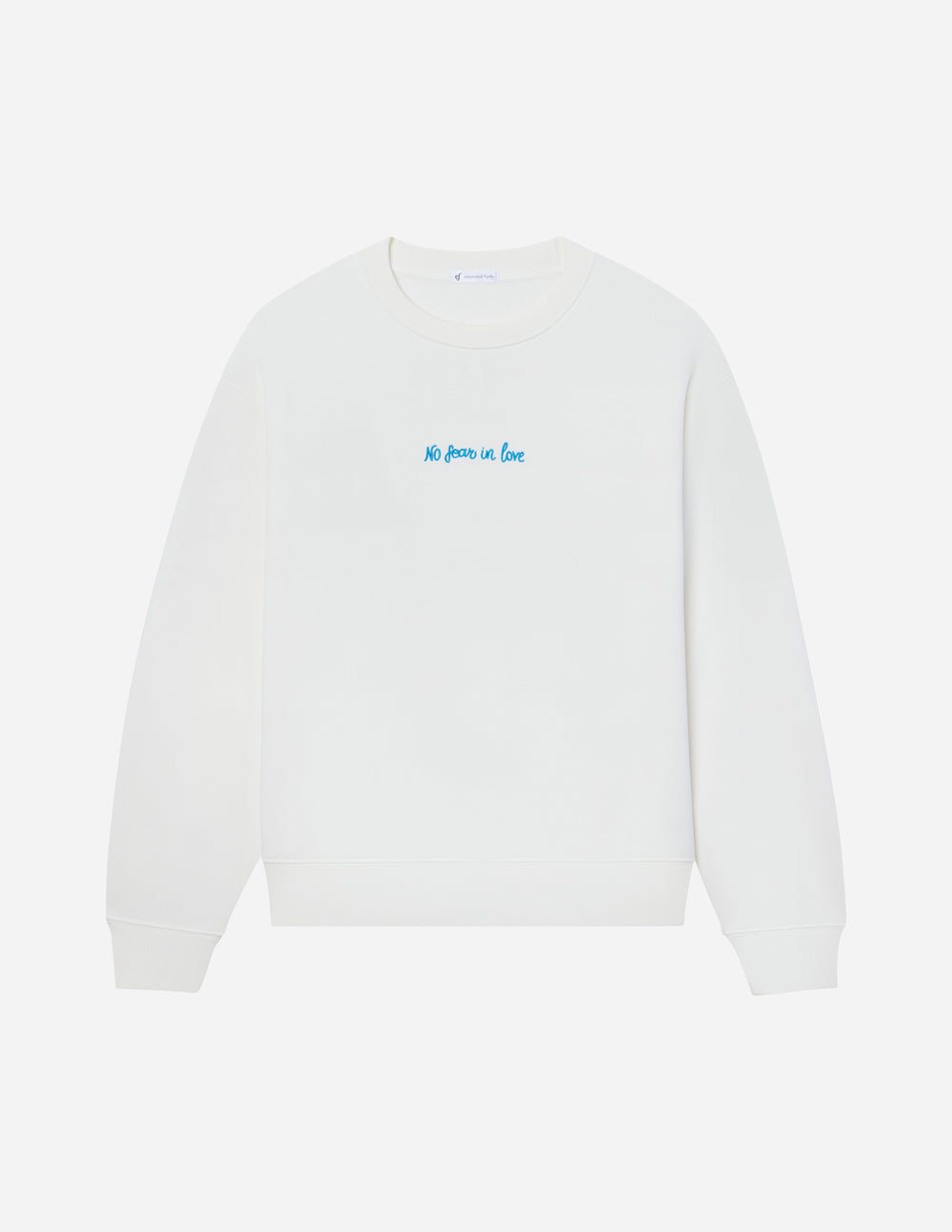 Elevated Faith Christian Crewneck Sweatshirt in white with blue 'No Fear in Love' embroidery