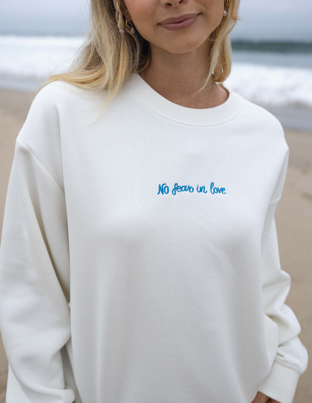 Elevated Faith Christian Crewneck Sweatshirt in White with 'No Fear in Love' Embroidery
