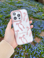 Christian iPhone Case with pink bows design and no greater love text for faith-inspired protection