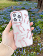 Elevated Faith Christian iPhone Case with pink bows and the text 'no greater love' on a clear background