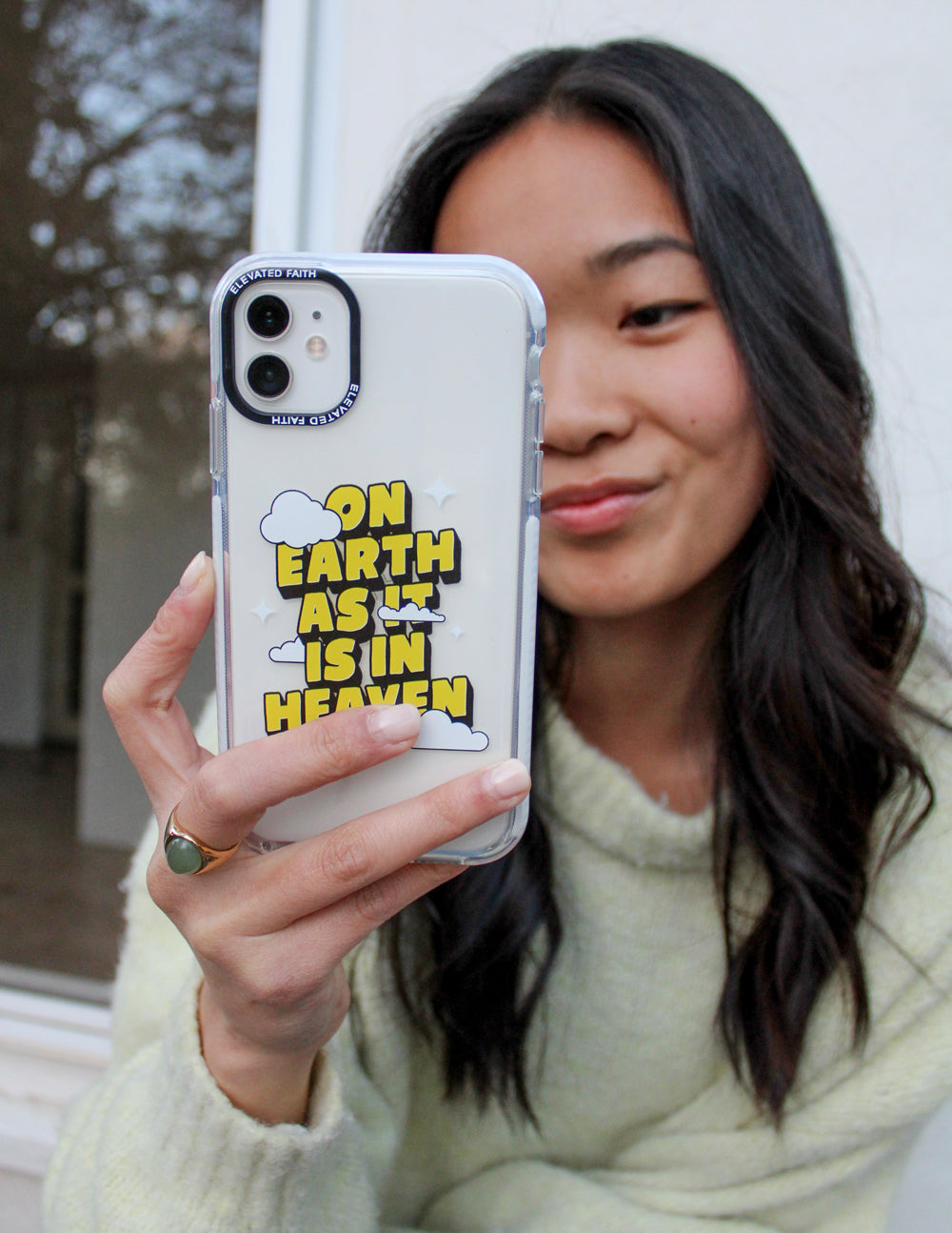 Elevated Faith Christian iPhone Case with cloud design featuring 'On Earth as it is in Heaven' quote