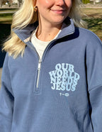 Elevated Faith Christian Jacket in blue with 'Our World Needs Jesus' graphic and zipper collar