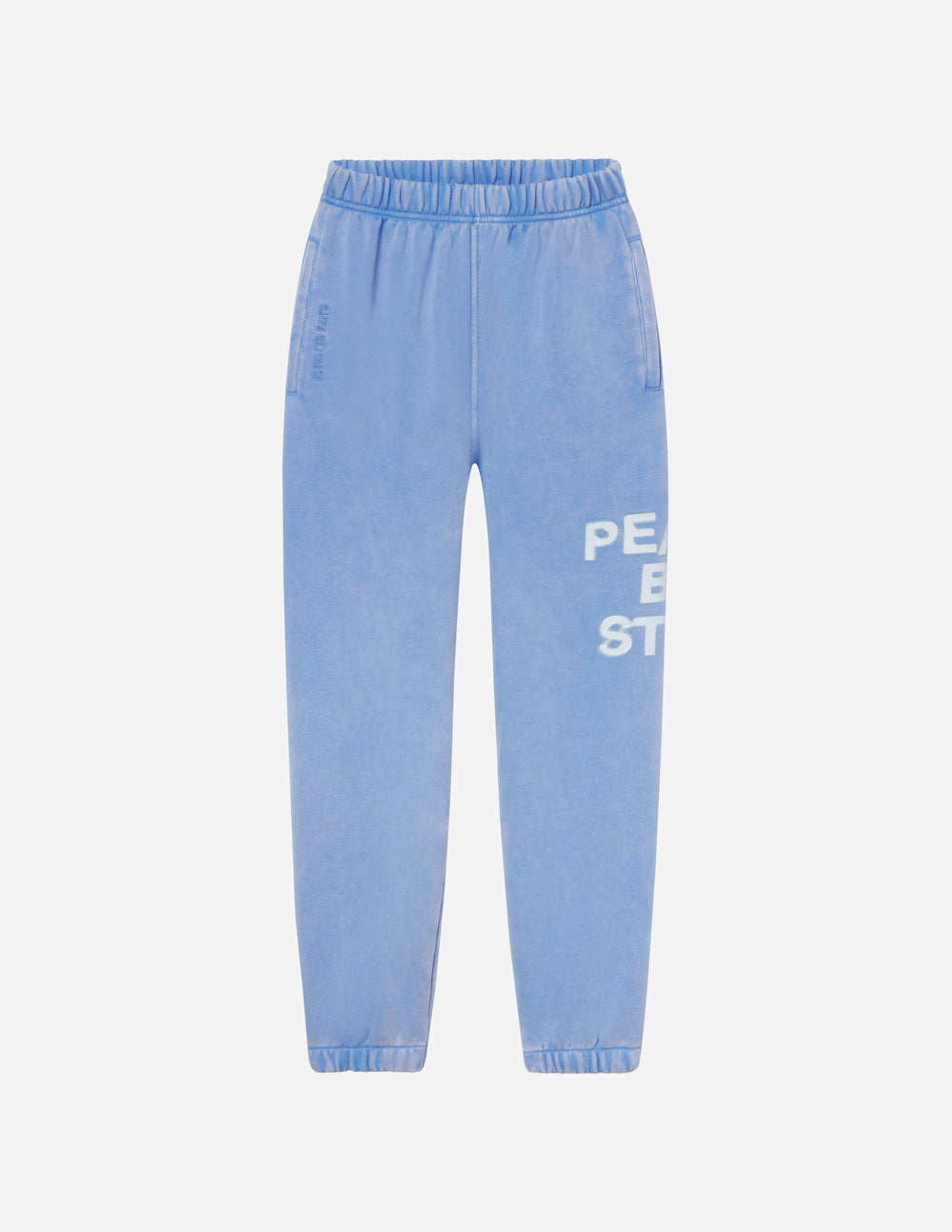 Light blue elevated faith sweatpants featuring the phrase Peace Be Still, ideal for Christian Apparel