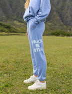 Elevated Faith Blue Sweatpants with 'Peace Be Still' print, ideal Christian Apparel for casual comfort