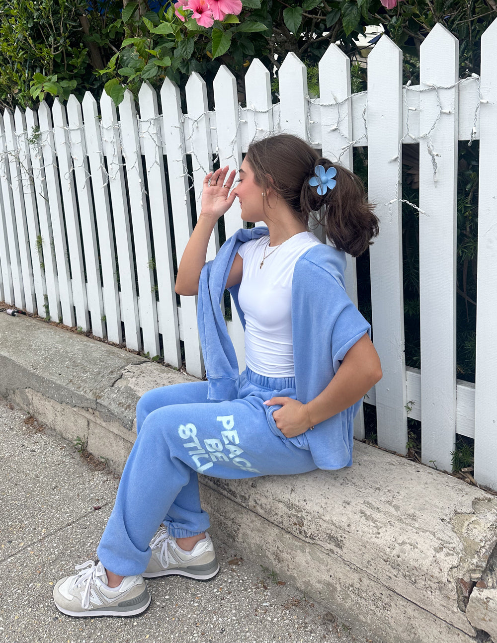 Light blue sweatpants from Elevated Faith featuring 'Peace' design, perfect for Christian apparel style