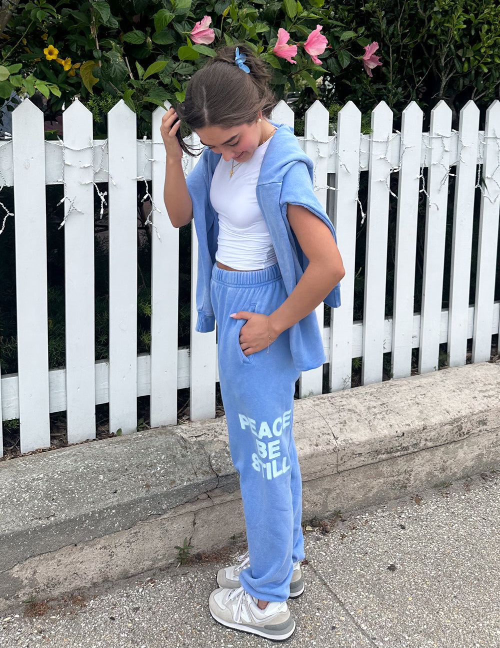 Elevated Faith Blue Sweatpants with 'Peace Be Still' Print, part of Christian Apparel collection