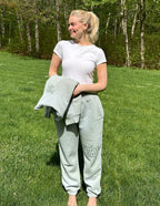 Elevated Faith sweatpants in light gray featuring 'Perfect Love' design, ideal Christian Apparel for comfort