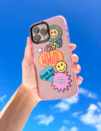 Elevated Faith Christian Phone Case with colorful stickers and uplifting messages in a hand against a blue sky