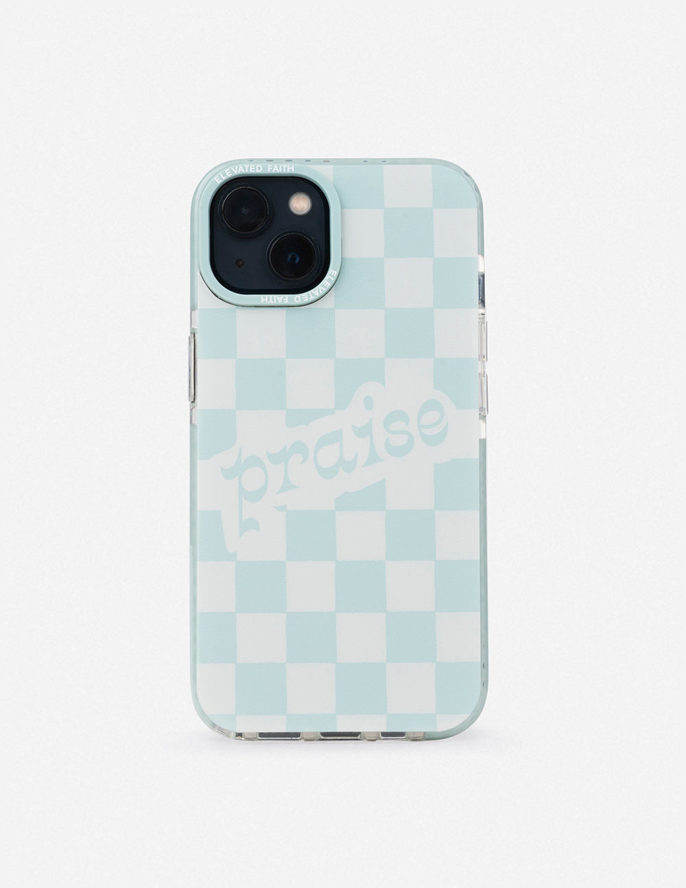 Elevated Faith Christian iPhone Case with light blue checkered design and 'praise' text