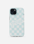 Elevated Faith Christian iPhone Case with light blue checkered design and 'praise' text