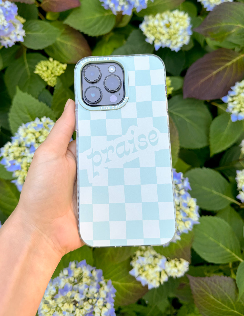 Elevated Faith Christian iPhone Case with blue checkered design and 'praise' lettering