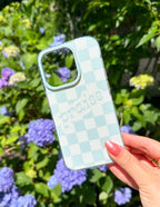 Elevated Faith Christian iPhone Case in blue and white checkered pattern with the word praise