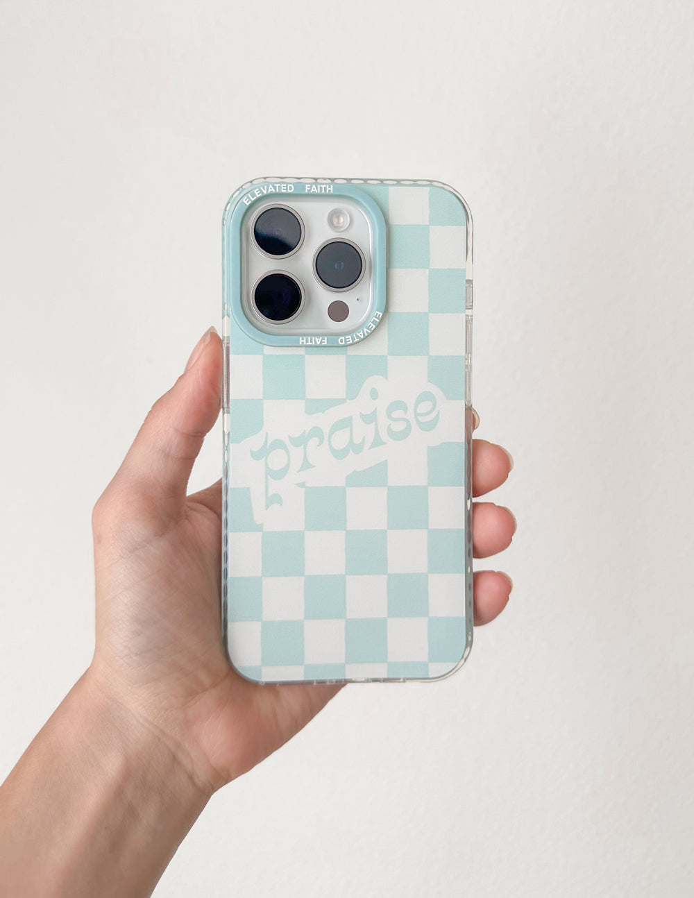 Elevated Faith Christian iPhone Case with Light Blue Checkered Design and 'Praise' Text