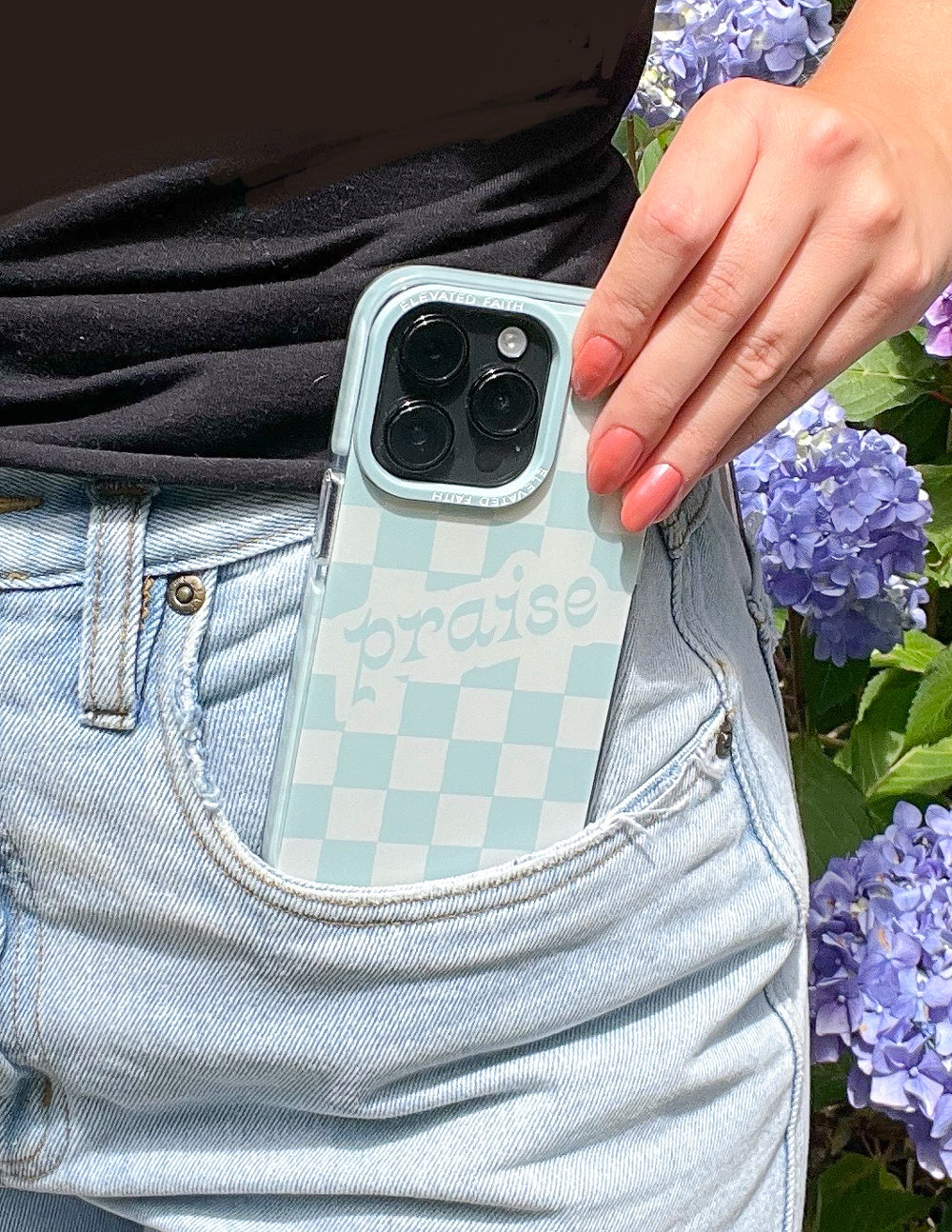 Elevated Faith Christian iPhone Case in light blue with praise design and checker pattern