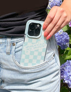 Elevated Faith Christian iPhone Case in light blue with praise design and checker pattern