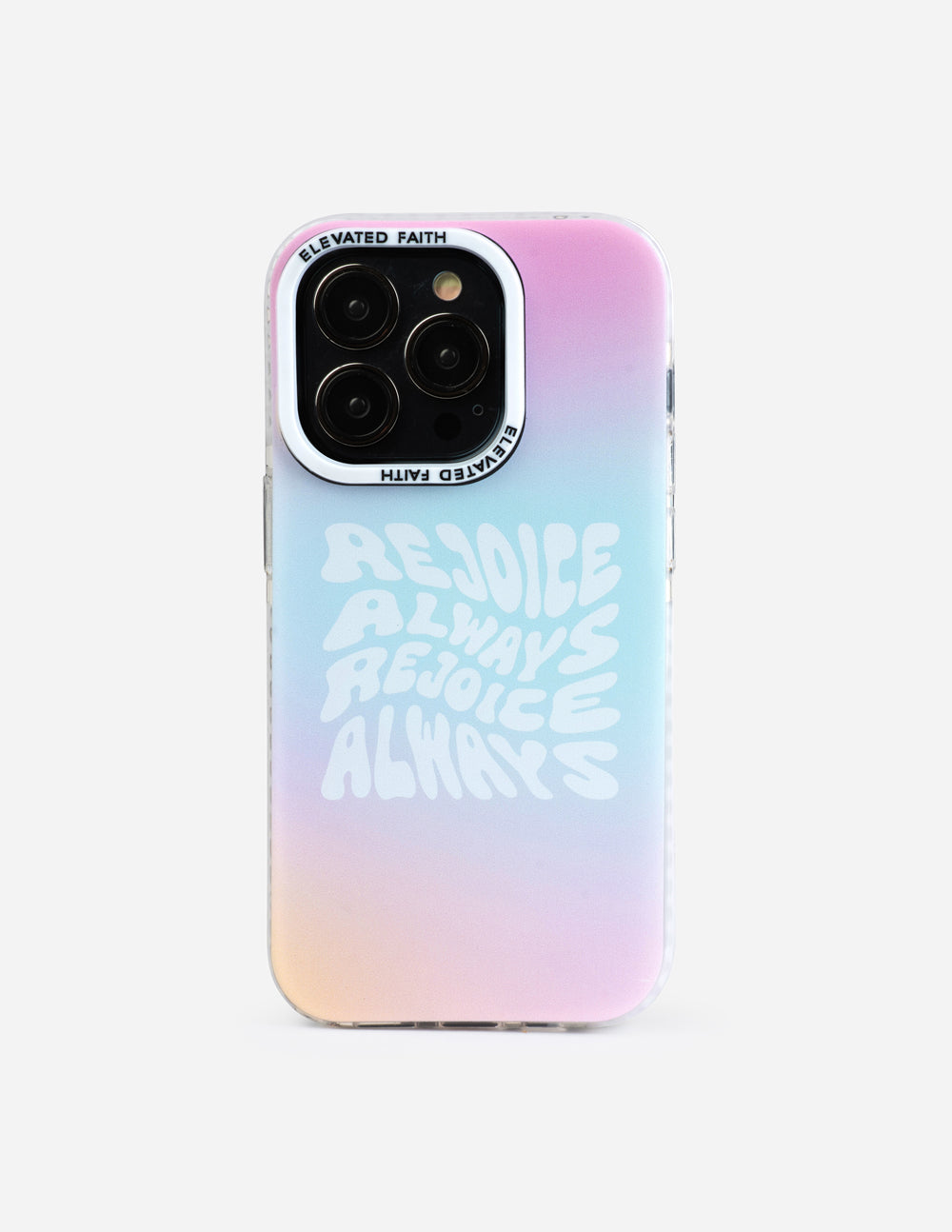 Elevated Faith Christian Phone Case with pastel gradient and uplifting message: Rejoice Always