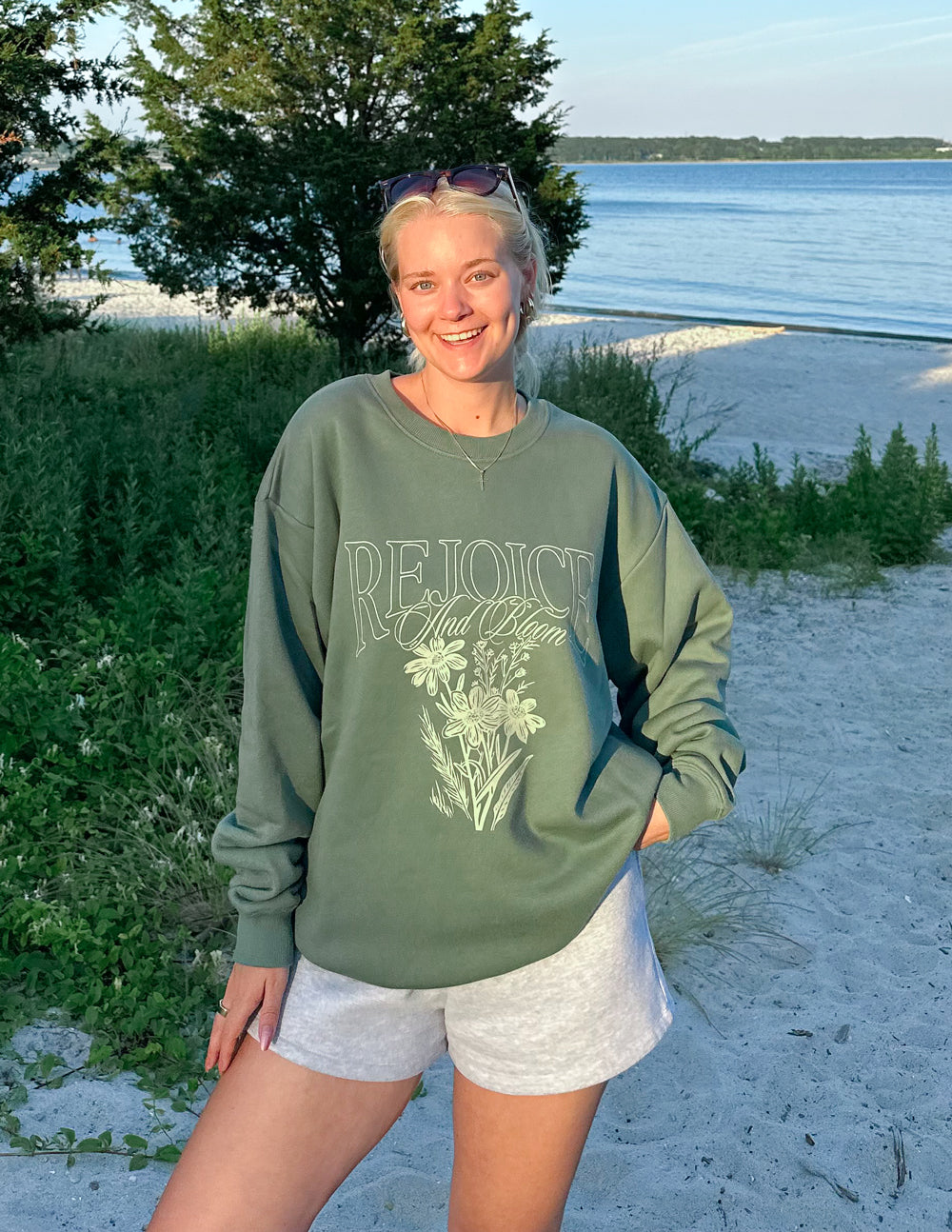 Elevated Faith Christian Crewneck Sweatshirt in Green with Floral Design and Text