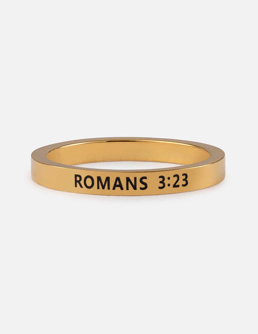 Gold Ring featuring engraved Romans 3:23, a perfect piece of Christian Jewelry