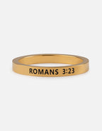 Gold Ring featuring engraved Romans 3:23, a perfect piece of Christian Jewelry