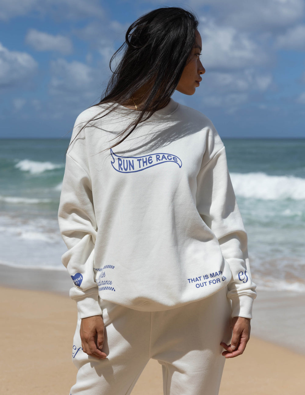 Elevated Faith Christian Crewneck Sweatshirt in white with 'Run the Race' print for casual beach wear