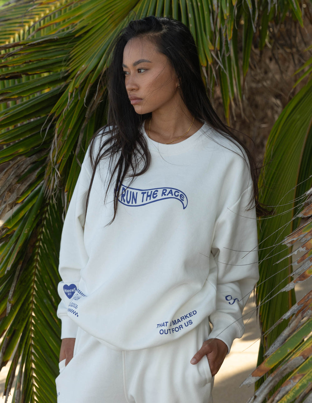 Elevated Faith Christian Crewneck Sweatshirt in White with 'Run the Race' Design