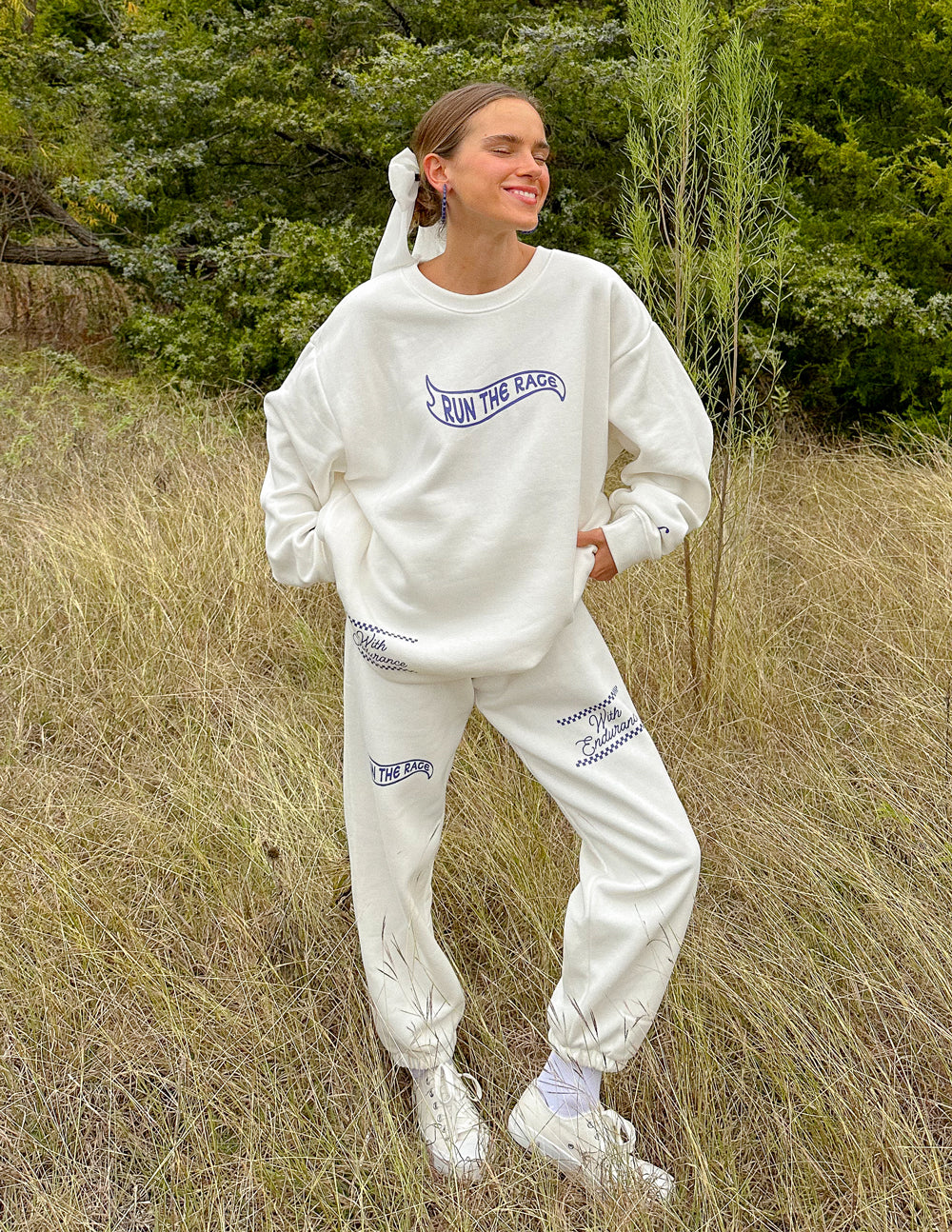 Elevated Faith White Sweatpants with 'Run the Race' Design for Comfortable Christian Apparel