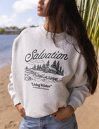 Elevated Faith Christian Crewneck Sweatshirt featuring a scenic landscape with the word Salvation