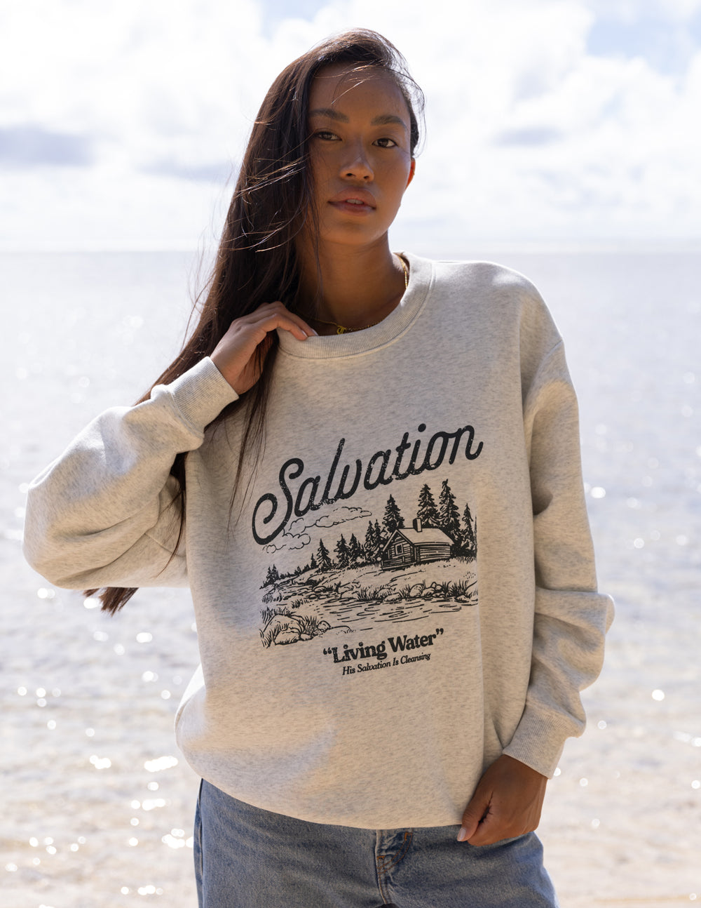 Christian Crewneck Sweatshirt featuring a nature design with the word Salvation for stylish comfort